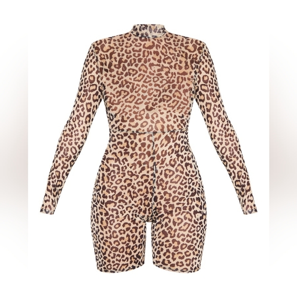 Prettylittlething Tan Leopard Print Sheer Mesh Unitard Jumpsuit - Picture 2 of 10